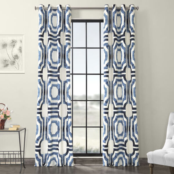 Blue and White Grommet Printed Cotton Curtain Single Panel, image 1