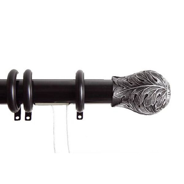 Elite Black 48 to 84 Inch Decorative Traverse Rod w/ Rings Leaf Finial, image 1