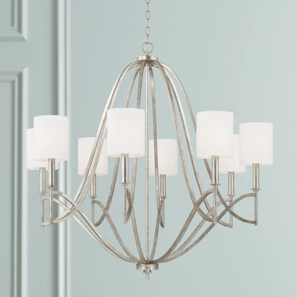 Sylvia Antique Silver Eight-Light Chandelier with White Fabric Stay Straight Shades, image 2