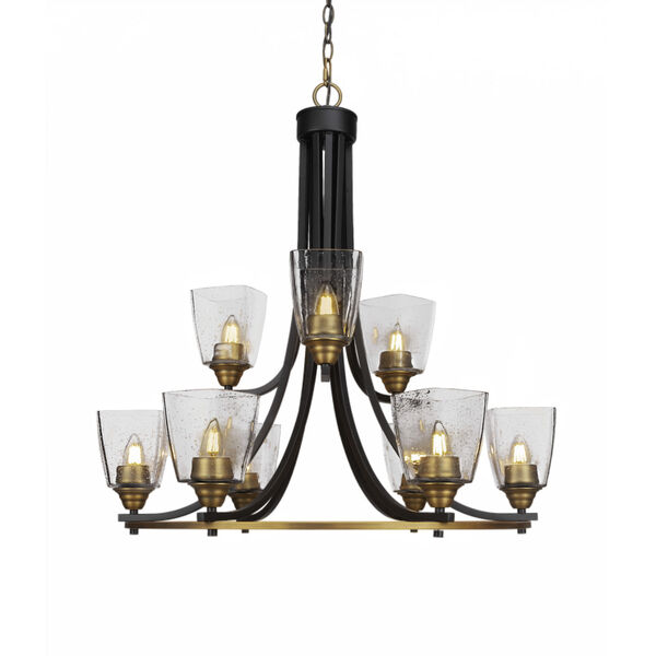 Paramount Matte Black and Brass 30-Inch Nine-Light Chandelier with Clear Bubble Glass Shade, image 1