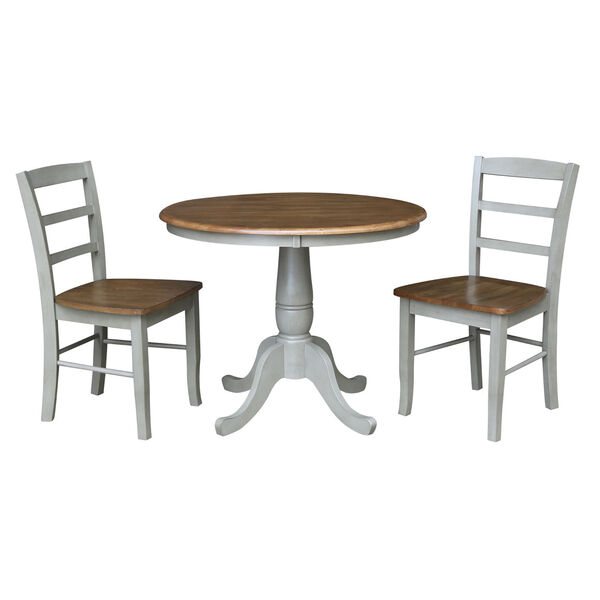 Distressed Hickory and Stone 36-Inch Round Top Pedestal Dining Table with Two Ladderback Chair, Three-Piece, image 2