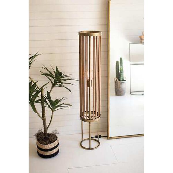 Brass Round and Wood Cylinder Floor Lamp, image 1