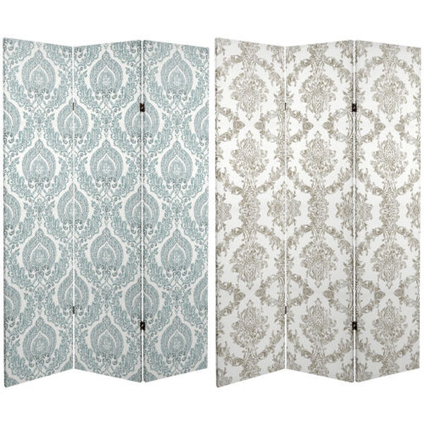 Tall Double Sided Damask White and Blue Canvas Room Divider, image 1