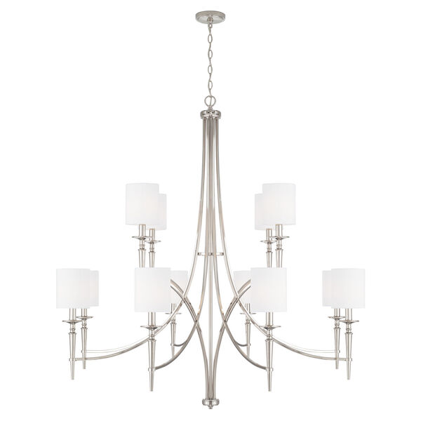 Abbie Polished Nickel and White 12-Light Chandelier with White Fabric Stay Straight Shades, image 1