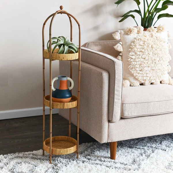 Natural Bamboo Style Metal Shelf With Rattan Tray, image 5