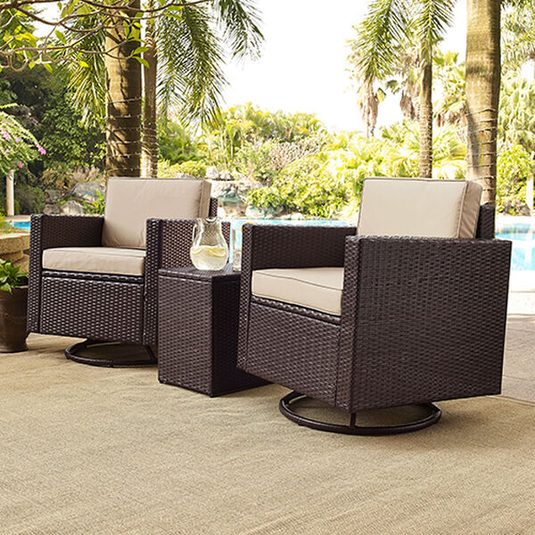 Palm Harbor 3-Piece Outdoor Wicker Conversation Set With Sand Cushions -- Two Swivel Chairs and Side Table, image 1