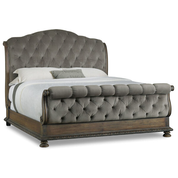 Rhapsody Cal. King Gray and Medium Wood 86-Inch Tufted Bed, image 1