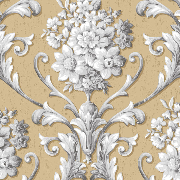 Floral Damask Metallic Gold and Grey Wallpaper, image 1