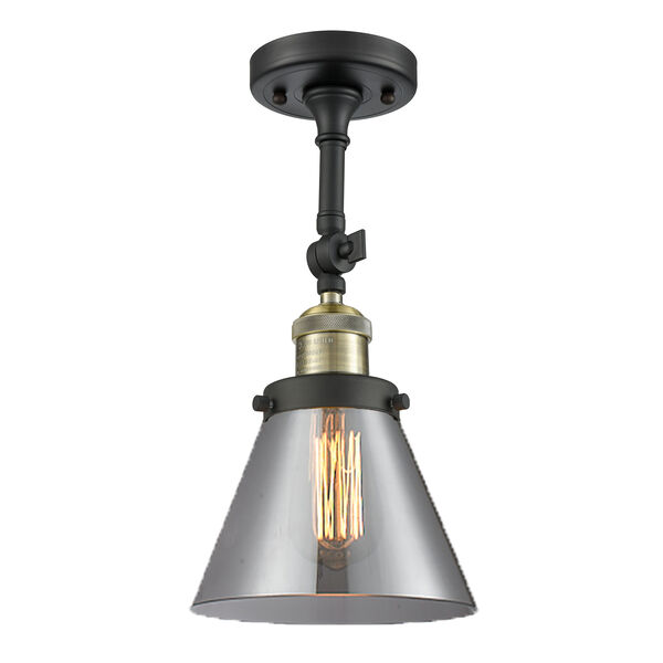 Large Cone Black Antique Brass 14-Inch LED Semi Flush Mount with Smoked Cone Glass, image 1