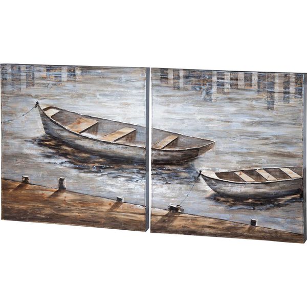 Creekside Diptych Boats 40 In. x 40 In. Original Hand Painted Oil Painting, Set of 2, image 1