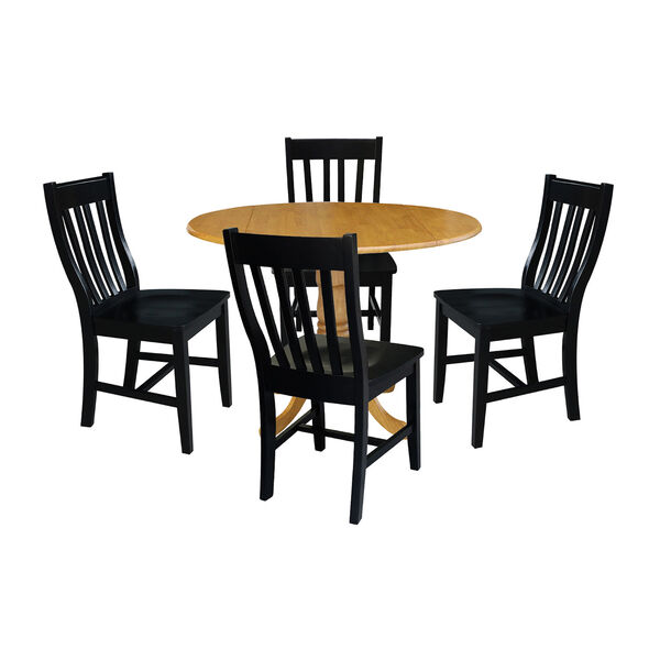 Oak and Black 42-Inch Dual Drop Leaf Table with Four Slat Back Dining Chair, Five-Piece, image 1
