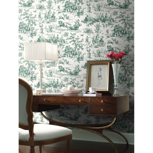 Grandmillennial Dark Green Seasons Toile Pre Pasted Wallpaper - SAMPLE SWATCH ONLY, image 1