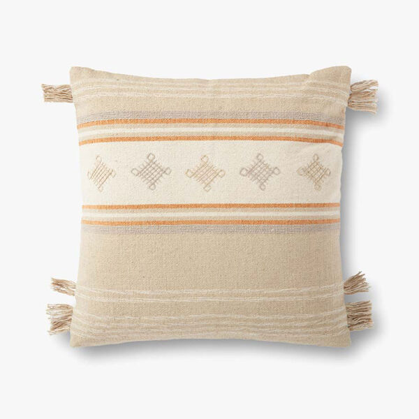 Beige and Orange Striped Fringed Accent Pillow, image 1
