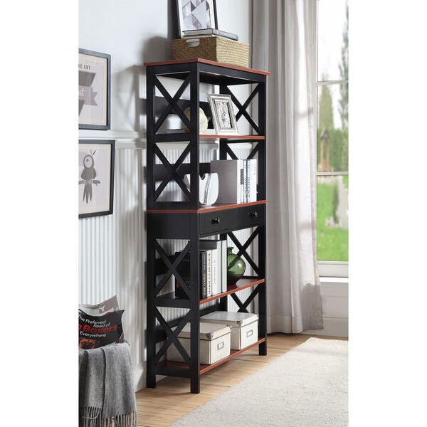 Oxford 5 Tier Bookcase with Drawer in Cherry and Black, image 2