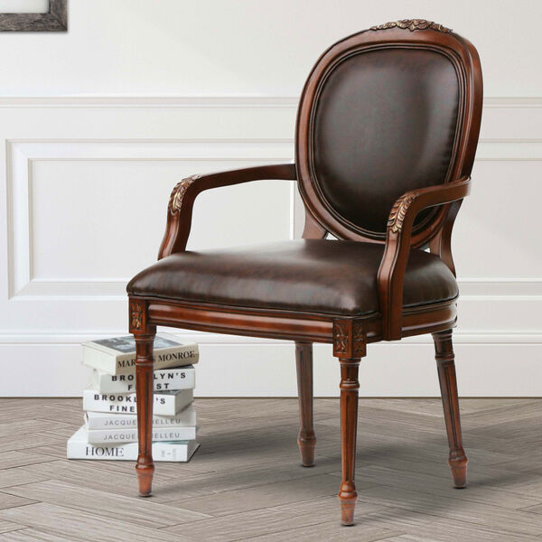 Bonded Leather Chair with Traditional Oval Back Chair And Intricate Floral Carving, image 3