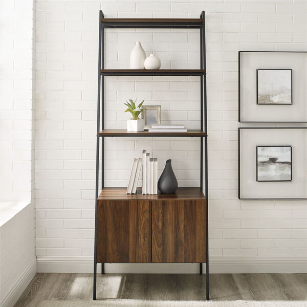 Dark Walnut and Black Ladder Bookcase with Lower Cabinet, image 1