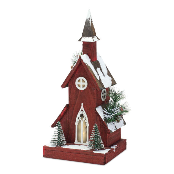 Red Wooden Church Holiday Tabletop Decor, image 1