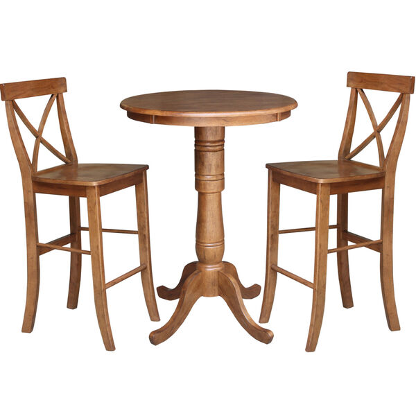 Distressed Oak 30-Inch Round Top Pedestal Bar Height Table with Two X-Back Stool, Set of Three, image 2