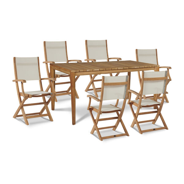 Del Ray Natural Teak Seven-Piece Rectangular Outdoor Dining Set with Textilene Fabric, image 1