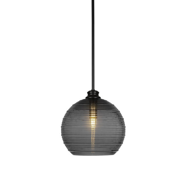 Malena Matte Black 12-Inch One-Light Stem Hung Pendant with Smoke Ribbed Glass Shade, image 1