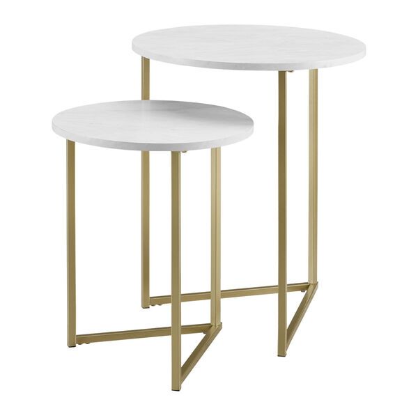 White Faux and Gold 20-Inch Two-Piece V-Leg Nesting Side Tables, image 5