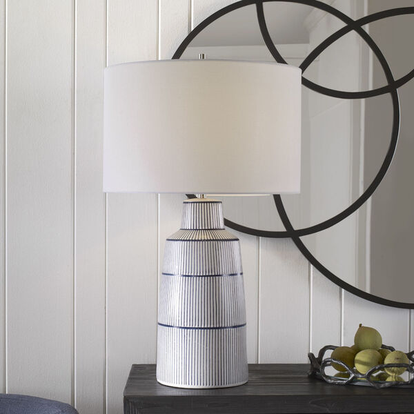Breton Satin White and Navy Blue One-Light Nautical Stripe Table Lamp, image 2