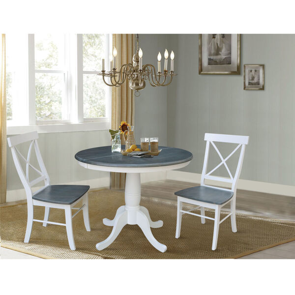 White and Heather Gray 36-Inch Round Extension Dining Table With Two X-Back Chairs, Three-Piece, image 2