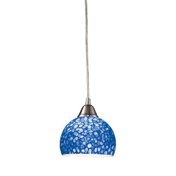 Cira One Light LED Pendant In Satin Nickel With Pebbled Blue Glass, image 1
