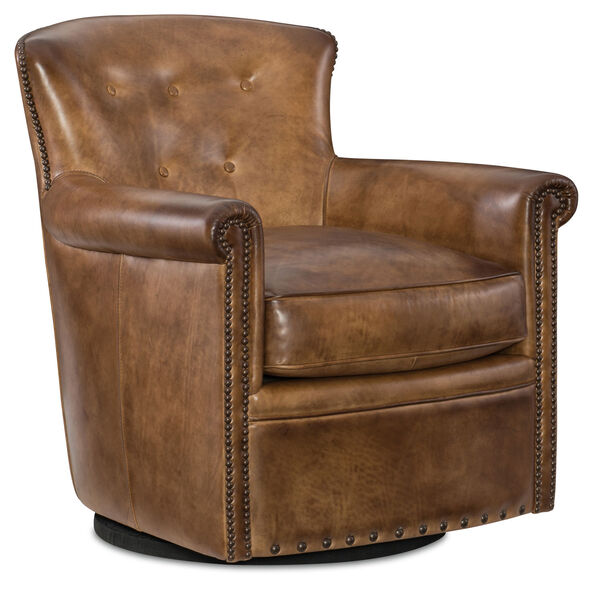 Jacob Brown Leather Swivel Club Chair, image 1
