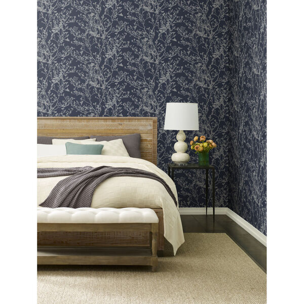 Ronald Redding Handcrafted Naturals Navy Budding Branch Silhouette Wallpaper, image 1