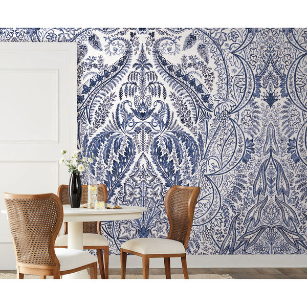 Damask Resource Library Blue and White 108 In. x 134 In. Jaipur Paisley Wallpaper Mural, image 1