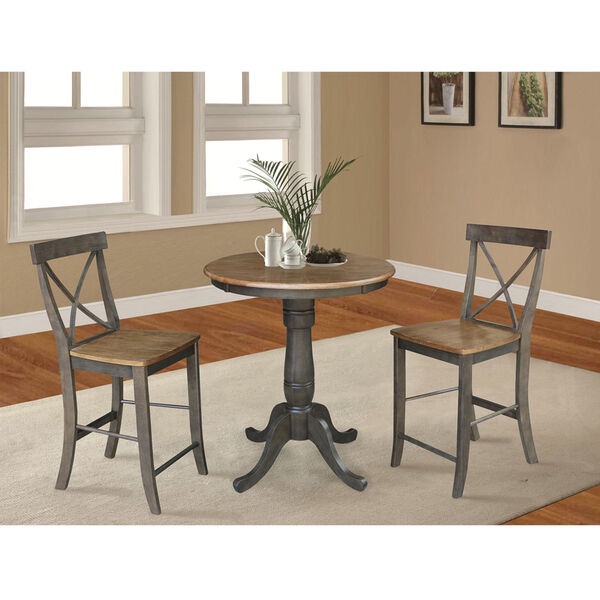 Hickory and Washed Coal 30-Inch Round Pedestal Gathering Height Table With X-Back Counter Height Stools, Three-Piece, image 2