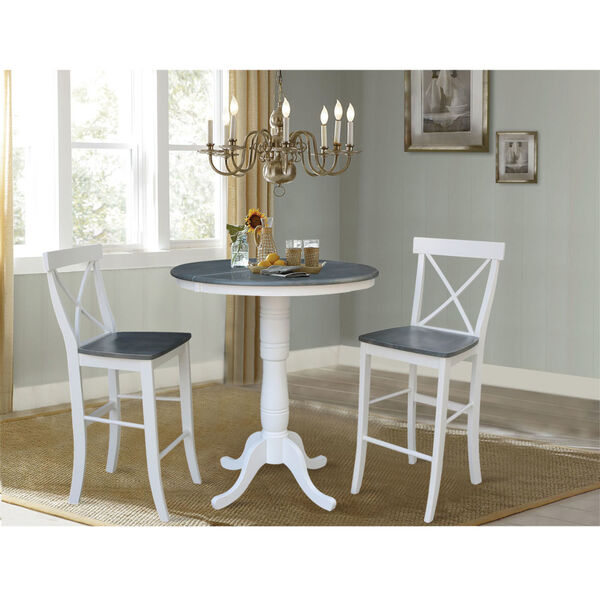White and Heather Gray 36-Inch Round Extension Dining Table With Two X-Back Bar Height Stools, Three-Piece, image 2