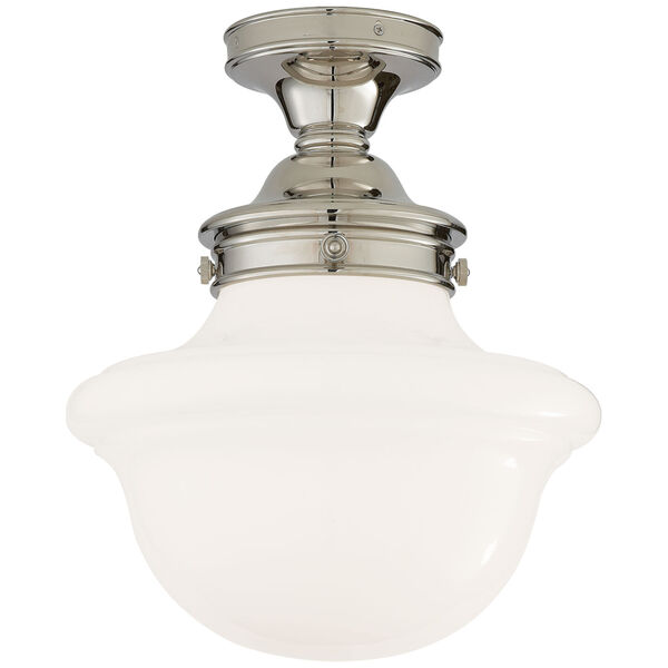 Edmond Flush Mount in Polished Nickel with White School House Glass by Chapman and Myers, image 1