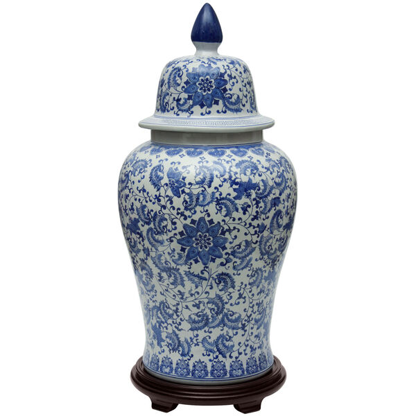 Blue and White 32-Inch Floral Porcelain Temple Jar, image 1