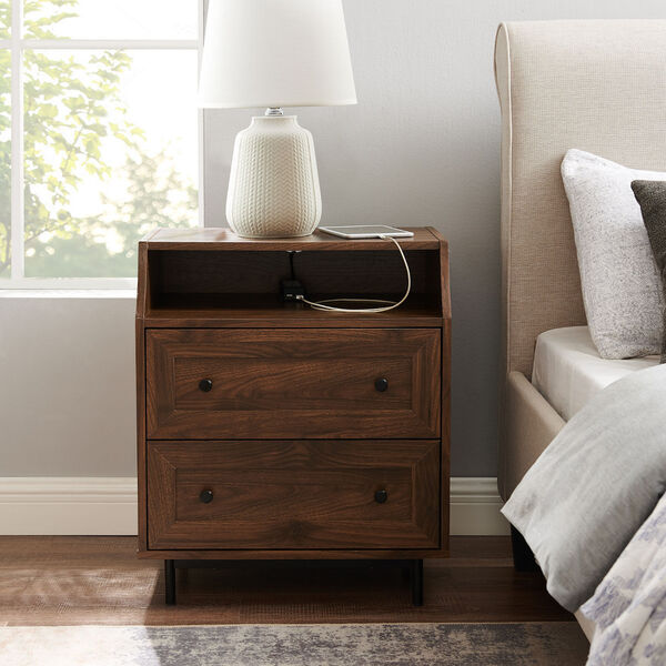 Dark walnut Curved Open Top Two Drawer Nightstand with USB, image 2