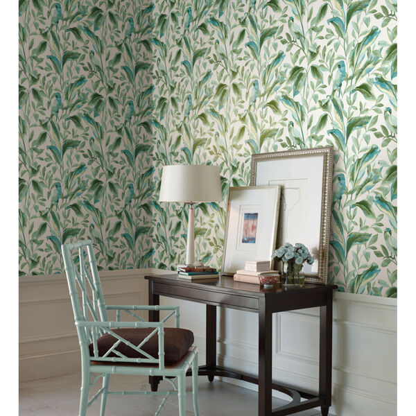 Tropics White Aqua Tropical Love Birds Pre Pasted Wallpaper - SAMPLE SWATCH ONLY, image 1