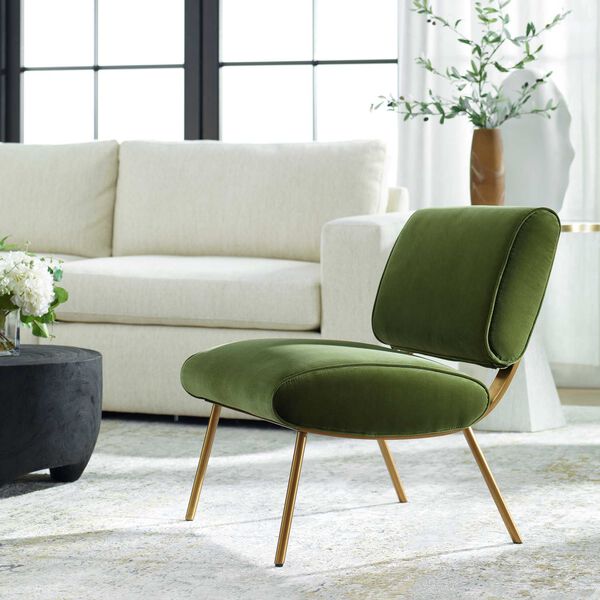 Knoll Brushed Brass Olive Green Armless Chair, image 3