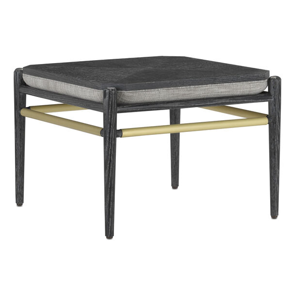 Visby Cerused Black and Brushed Brass Smoke Fabric Ottoman, image 2
