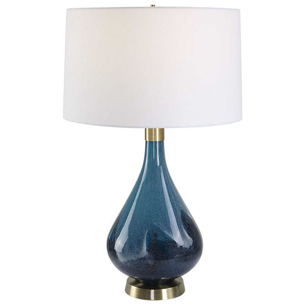 Riviera Blue and Antique Brass One-Light Table Lamp with White Shade, image 1