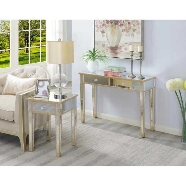 Gold Coast Champagne Mirror Mirrored End Table with Drawer, image 2