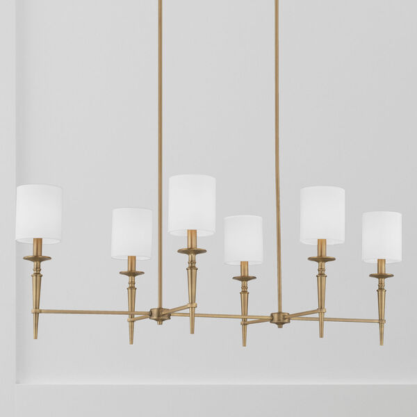 Abbie Aged Brass Six-Light Island Chandelier with White Fabric Stay Straight Shades, image 2