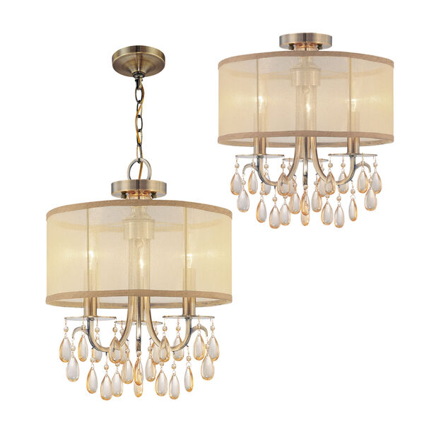 Hampton Antique Brass Three-Light Convertible Chandelier with Etruscan Smooth Oyster Crystal, image 2