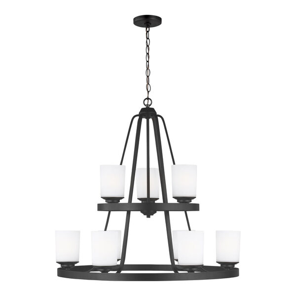 Kemal Midnight Black Nine-Light Chandelier with Etched White Inside Shade, image 1