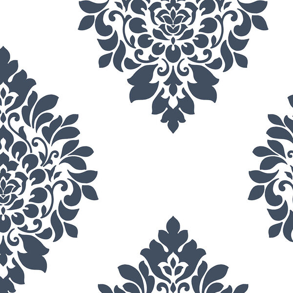 Medallion Damask Navy and White Wallpaper - SAMPLE SWATCH ONLY, image 1