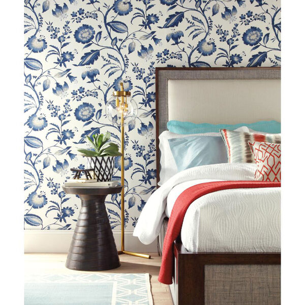 Ashford House Tropics Off-White and Blue Watercolor Jacobean Wallpaper: Sample Swatch Only, image 2
