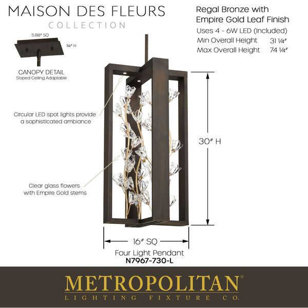 Maison Des Fleurs Regal Bronze with Empire Gold 16-Inch LED Pendant, image 3