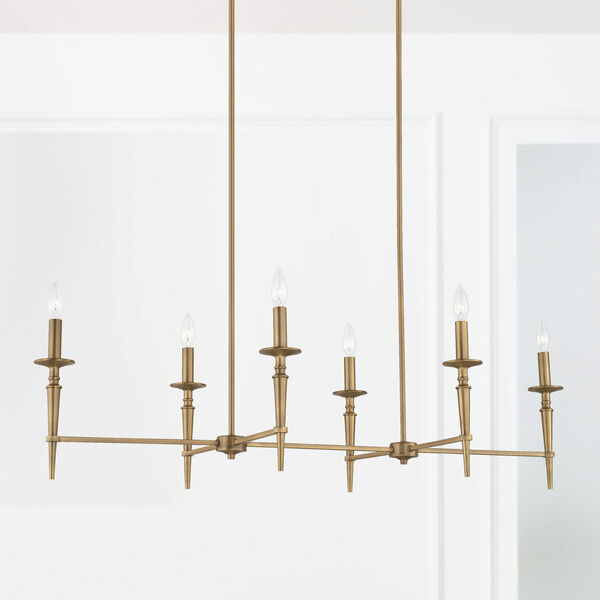 Abbie Aged Brass Six-Light Island Chandelier with White Fabric Stay Straight Shades, image 5