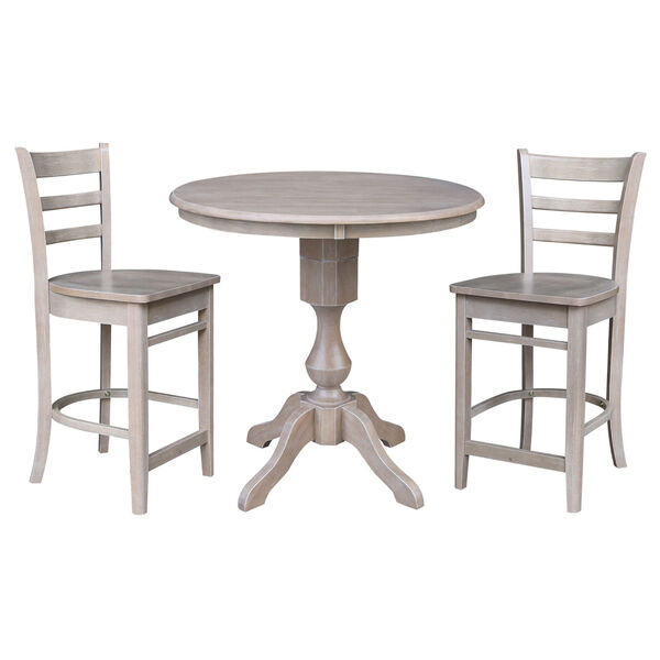 Washed Gray Taupe 36-Inch Round Pedestal Counter Height Table with Two Counter Stool, Three-Piece, image 2