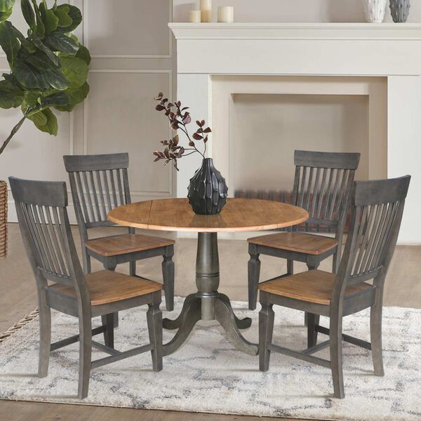 Hickory Washed Coal Round Dual Drop Leaf Dining Table with Four Slatback Chairs, 5 Piece Set, image 3
